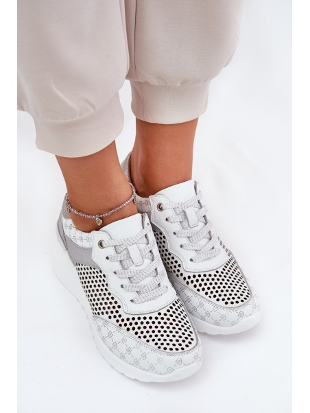 Leather Perforated Sports Shoes Sneakers On Wedge White S.Barski LR51-641