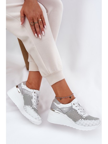 Leather Perforated Sports Shoes Sneakers On Wedge White S.Barski LR51-641