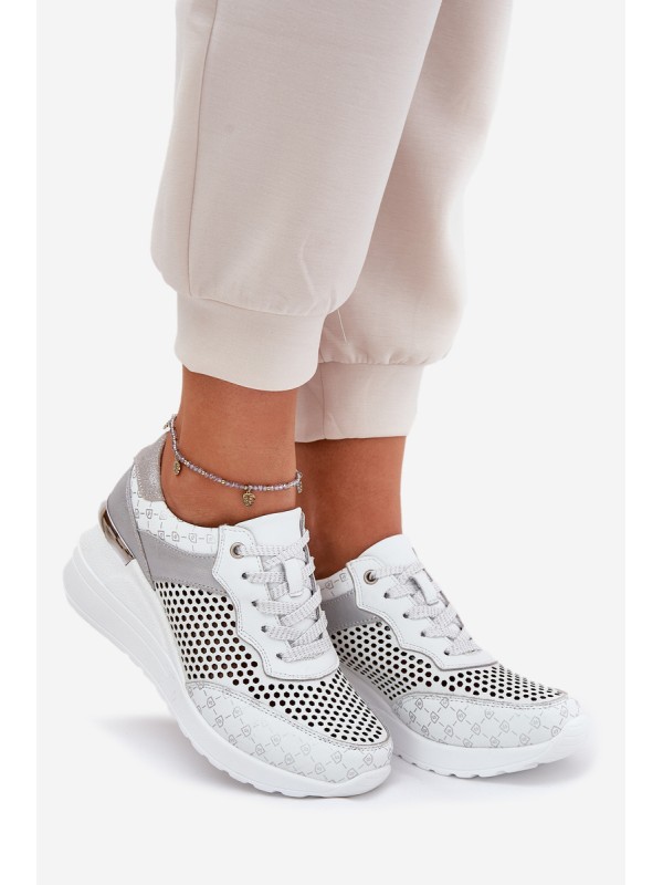Leather Perforated Sports Shoes Sneakers On Wedge White S.Barski LR51-641