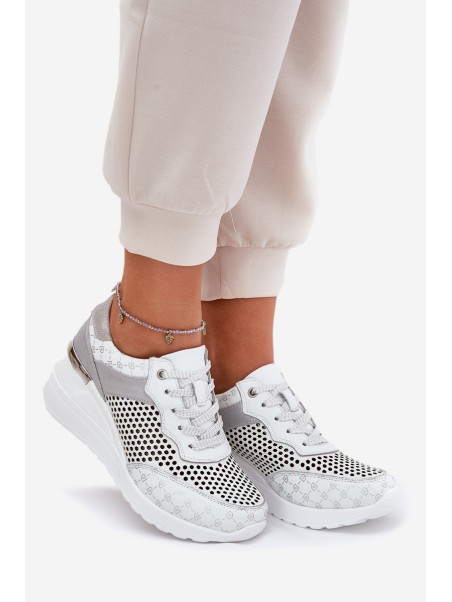 Leather Perforated Sports Shoes Sneakers On Wedge White S.Barski LR51-641