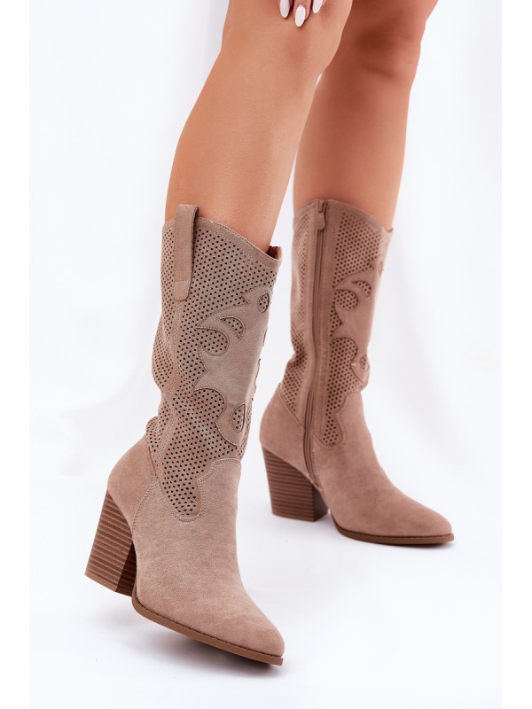 Perforated Cowboy Boots On Heel Beige S.Barski HY51-606