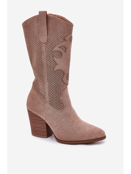 Perforated Cowboy Boots On Heel Beige S.Barski HY51-606