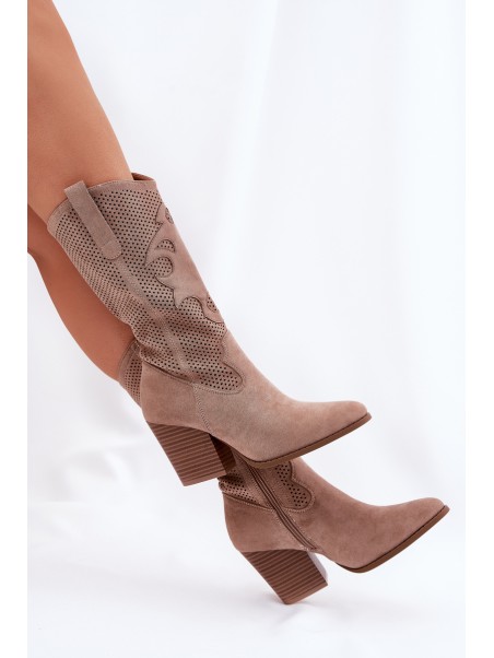 Perforated Cowboy Boots On Heel Beige S.Barski HY51-606