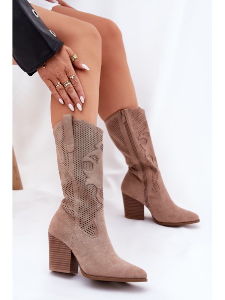 Perforated Cowboy Boots On Heel Beige S.Barski HY51-606