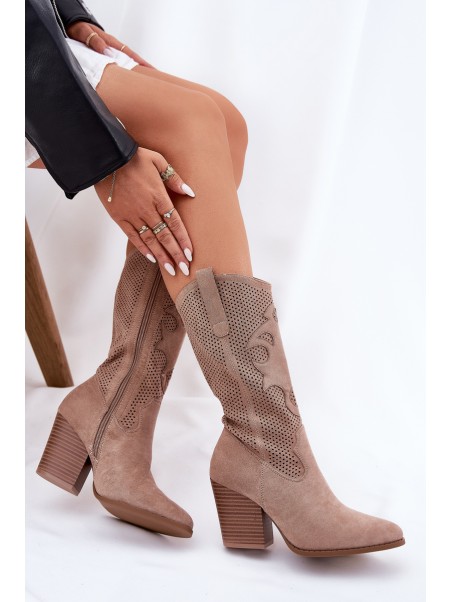Perforated Cowboy Boots On Heel Beige S.Barski HY51-606