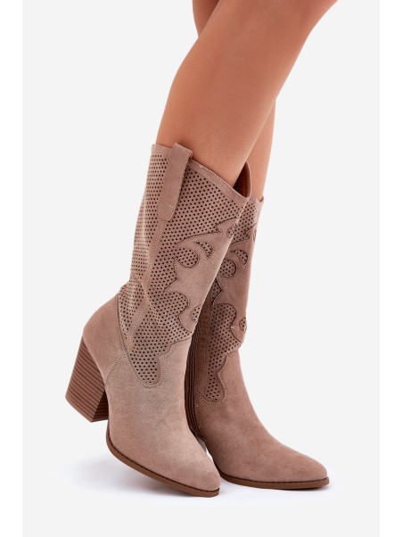 Perforated Cowboy Boots On Heel Beige S.Barski HY51-606
