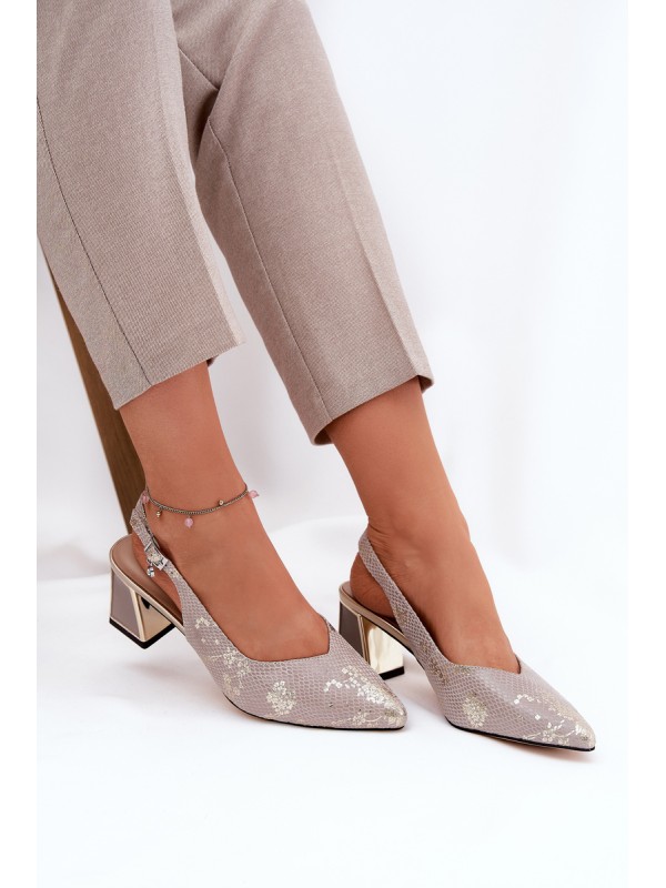 Leather Ladies Sandals On A Heel With Pointed Toes Gold-Silver Vinceza 66733