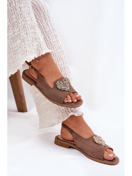 Ladies Sandals With Decorative Heart Dark Beige S.Barski KV27-018