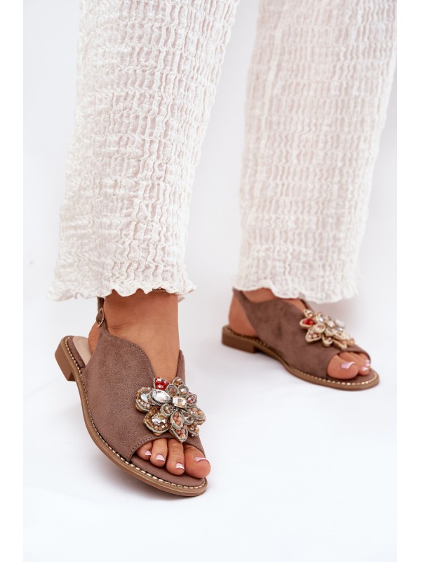 Ladies Sandals On Flat Heel With Decoration S.Barski KV27-001 Dark Beige
