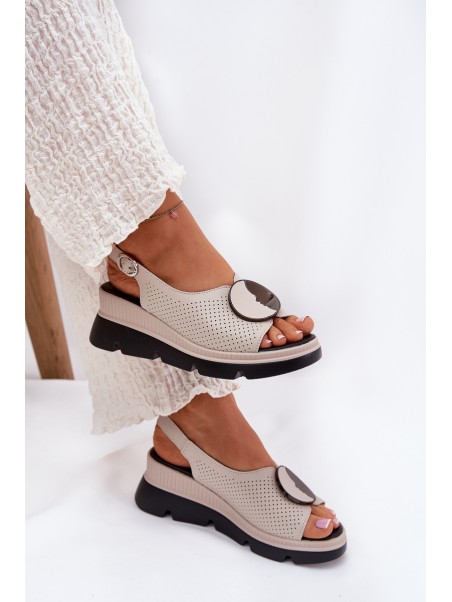 Leather Women's Wedge Sandals with Decoration S.Barski LR51-788 Beige