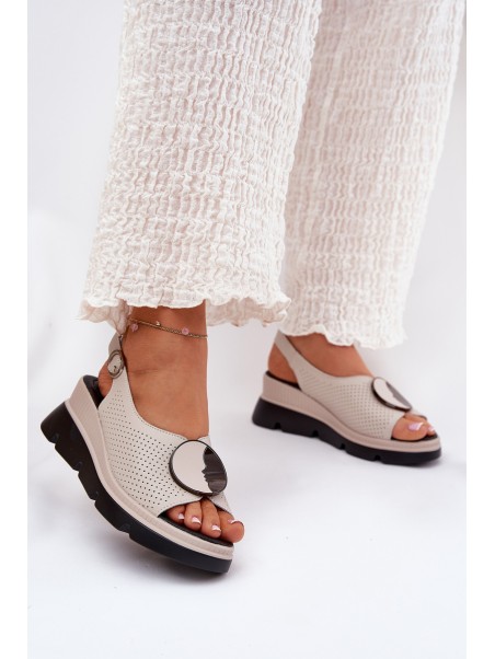 Leather Women's Wedge Sandals with Decoration S.Barski LR51-788 Beige