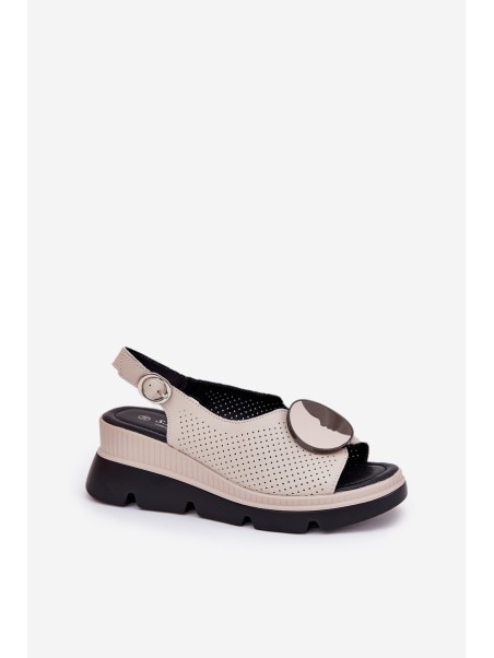 Leather Women's Wedge Sandals with Decoration S.Barski LR51-788 Beige