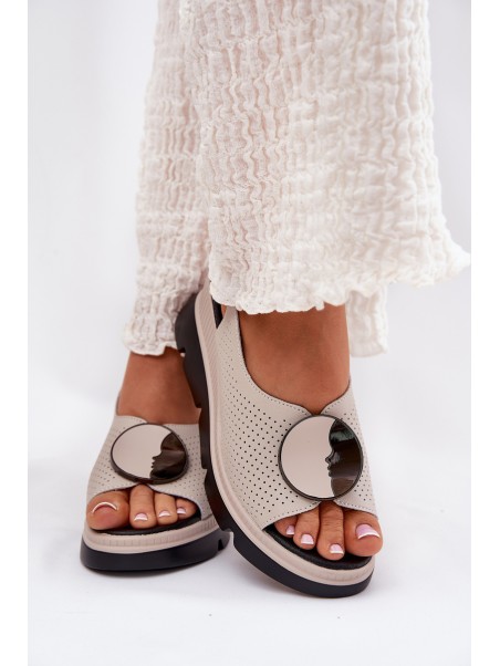 Leather Women's Wedge Sandals with Decoration S.Barski LR51-788 Beige