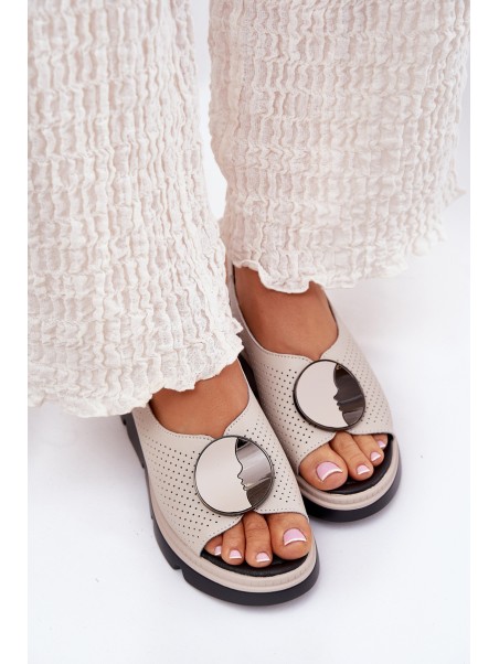 Leather Women's Wedge Sandals with Decoration S.Barski LR51-788 Beige