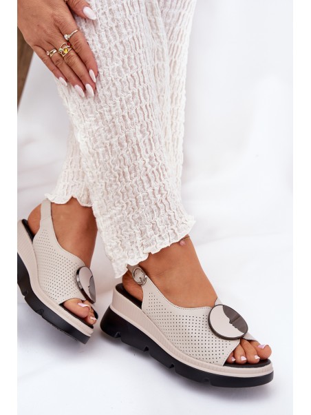Leather Women's Wedge Sandals with Decoration S.Barski LR51-788 Beige