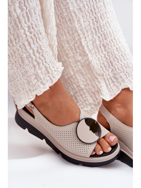 Leather Women's Wedge Sandals with Decoration S.Barski LR51-788 Beige