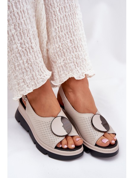 Leather Women's Wedge Sandals with Decoration S.Barski LR51-788 Beige