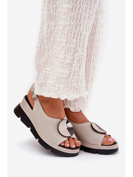 Leather Women's Wedge Sandals with Decoration S.Barski LR51-788 Beige