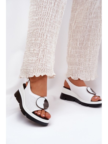 Leather Women's Wedge Sandals With Decoration S.Barski LR51-788 White