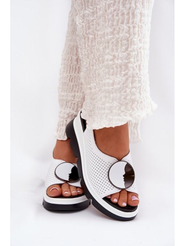 Leather Women's Wedge Sandals With Decoration S.Barski LR51-788 White