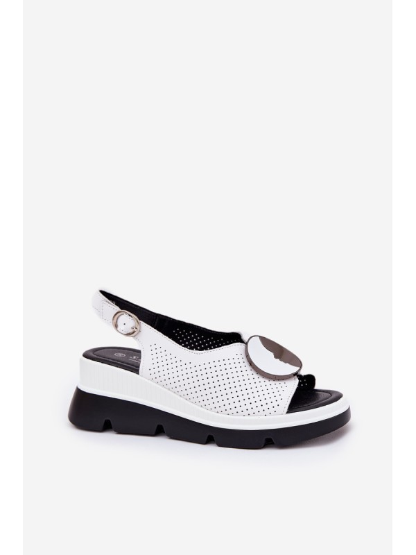 Leather Women's Wedge Sandals With Decoration S.Barski LR51-788 White