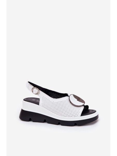 Leather Women's Wedge Sandals With Decoration S.Barski LR51-788 White