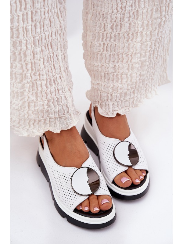 Leather Women's Wedge Sandals With Decoration S.Barski LR51-788 White