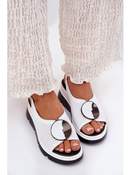 Leather Women's Wedge Sandals With Decoration S.Barski LR51-788 White