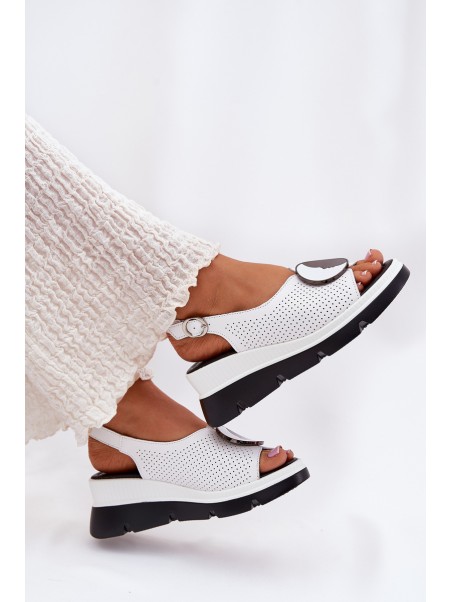 Leather Women's Wedge Sandals With Decoration S.Barski LR51-788 White