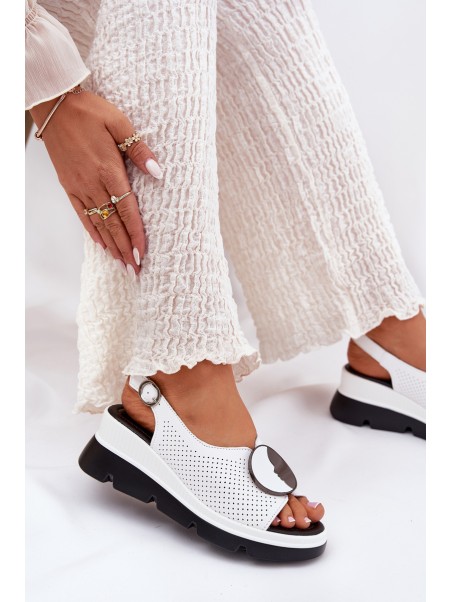 Leather Women's Wedge Sandals With Decoration S.Barski LR51-788 White