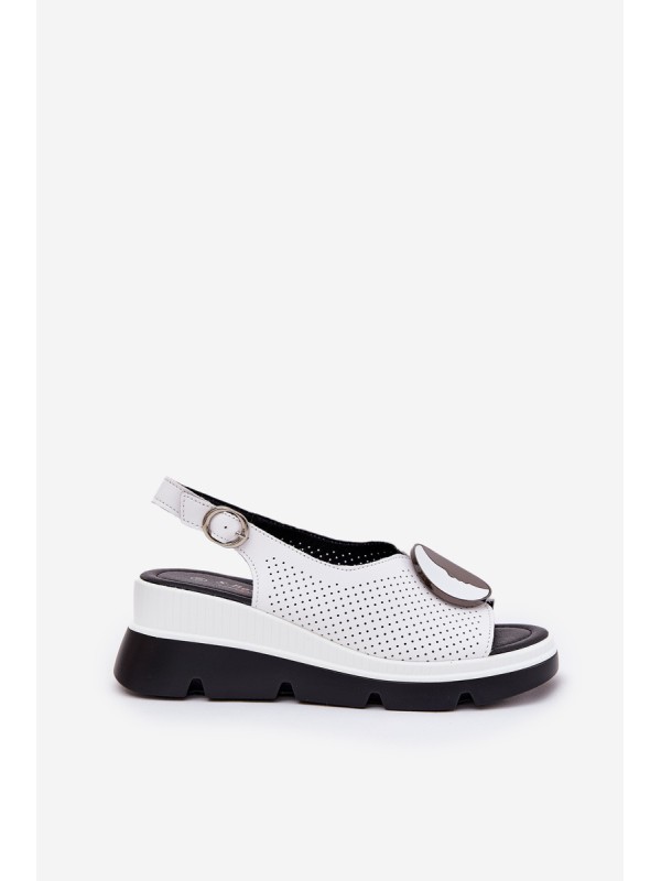 Leather Women's Wedge Sandals With Decoration S.Barski LR51-788 White