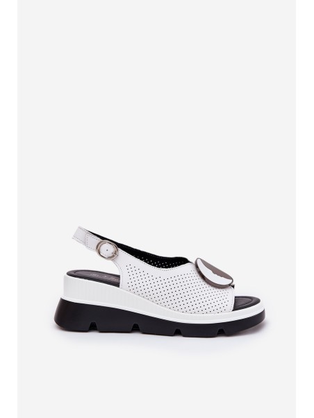 Leather Women's Wedge Sandals With Decoration S.Barski LR51-788 White