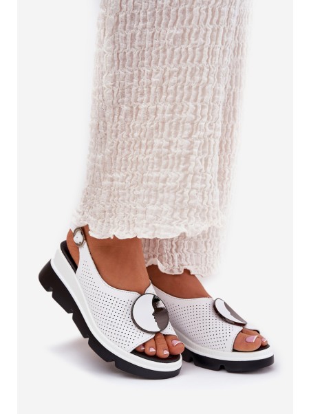 Leather Women's Wedge Sandals With Decoration S.Barski LR51-788 White