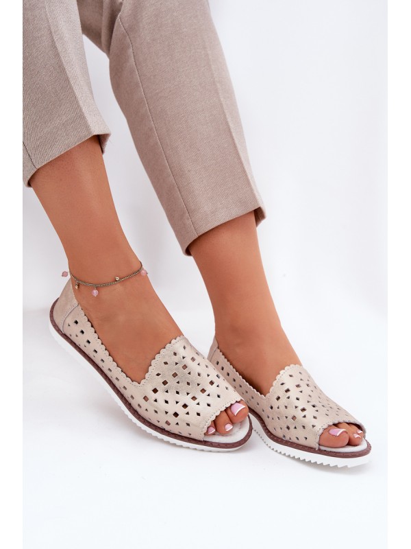 Leather Perforated Ballet Flats With Open Toes S.Barski LR51-922 Beige