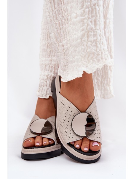 Ladies Leather Sandals With Decoration Beige S.Barski LR51-662
