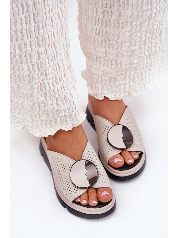Ladies Leather Sandals With Decoration Beige S.Barski LR51-662