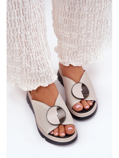Ladies Leather Sandals With Decoration Beige S.Barski LR51-662