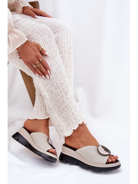 Ladies Leather Sandals With Decoration Beige S.Barski LR51-662