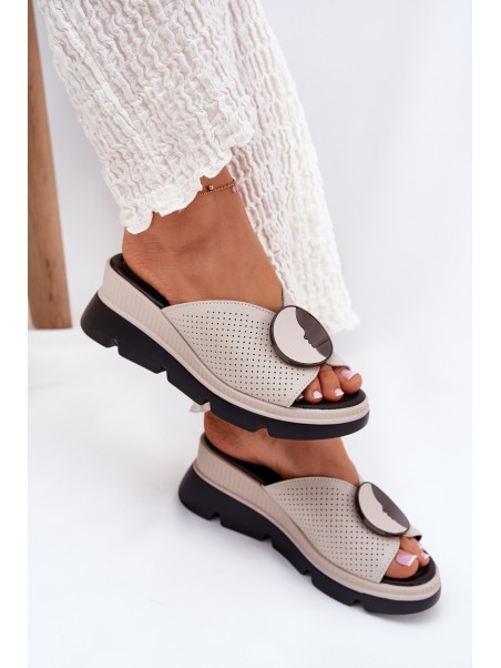 Ladies Leather Sandals With Decoration Beige S.Barski LR51-662