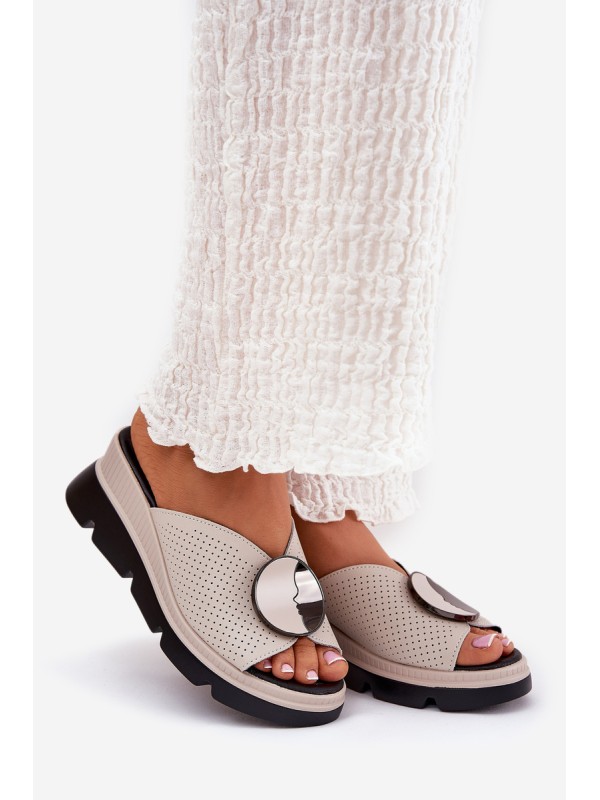 Ladies Leather Sandals With Decoration Beige S.Barski LR51-662