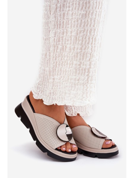 Ladies Leather Sandals With Decoration Beige S.Barski LR51-662