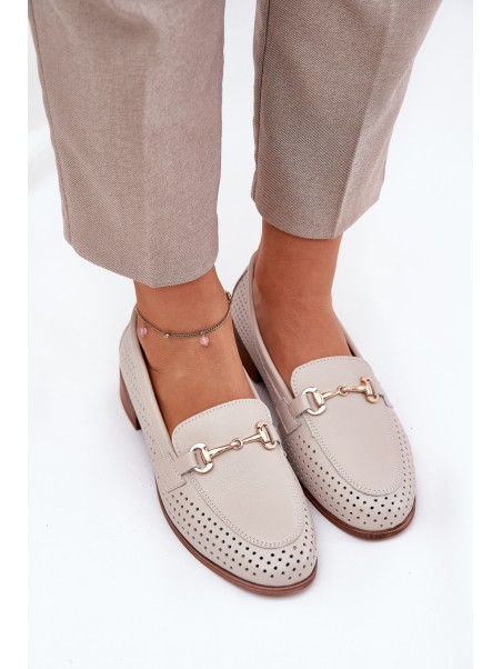 Leather Women's Moccasins With Decoration On Flat Heel Beige S.Barski LR51-588