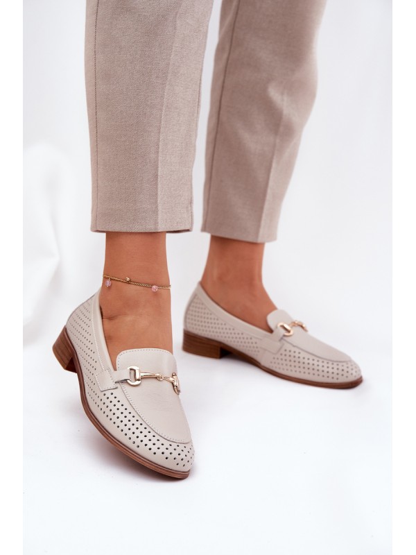 Leather Women's Moccasins With Decoration On Flat Heel Beige S.Barski LR51-588