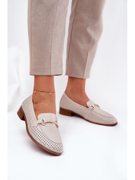 Leather Women's Moccasins With Decoration On Flat Heel Beige S.Barski LR51-588