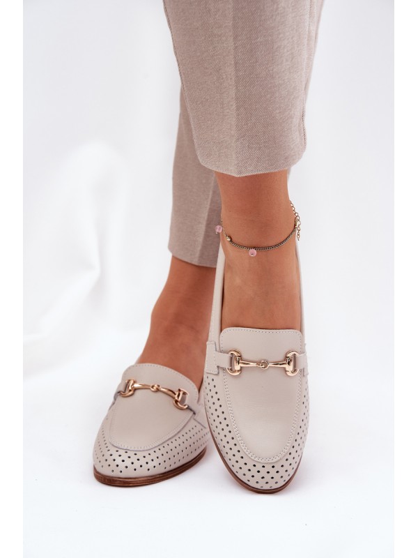 Leather Women's Moccasins With Decoration On Flat Heel Beige S.Barski LR51-588