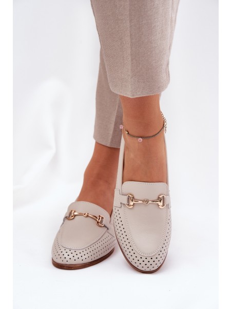 Leather Women's Moccasins With Decoration On Flat Heel Beige S.Barski LR51-588