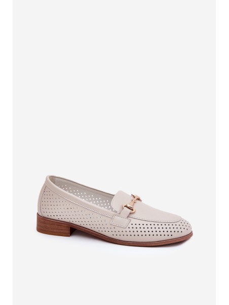 Leather Women's Moccasins With Decoration On Flat Heel Beige S.Barski LR51-588