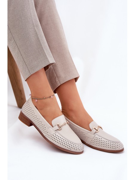 Leather Women's Moccasins With Decoration On Flat Heel Beige S.Barski LR51-588