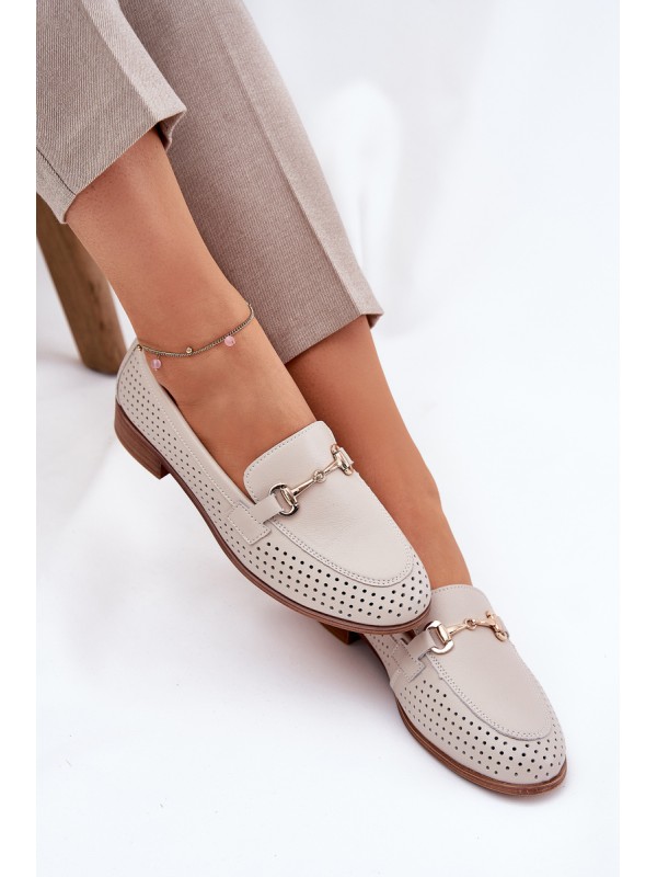 Leather Women's Moccasins With Decoration On Flat Heel Beige S.Barski LR51-588
