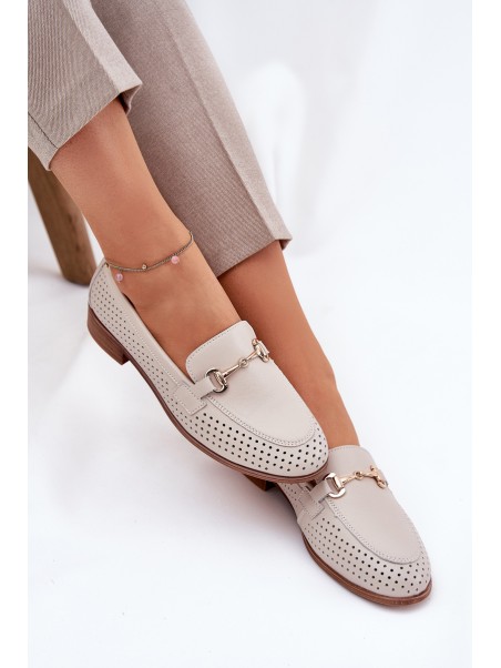 Leather Women's Moccasins With Decoration On Flat Heel Beige S.Barski LR51-588